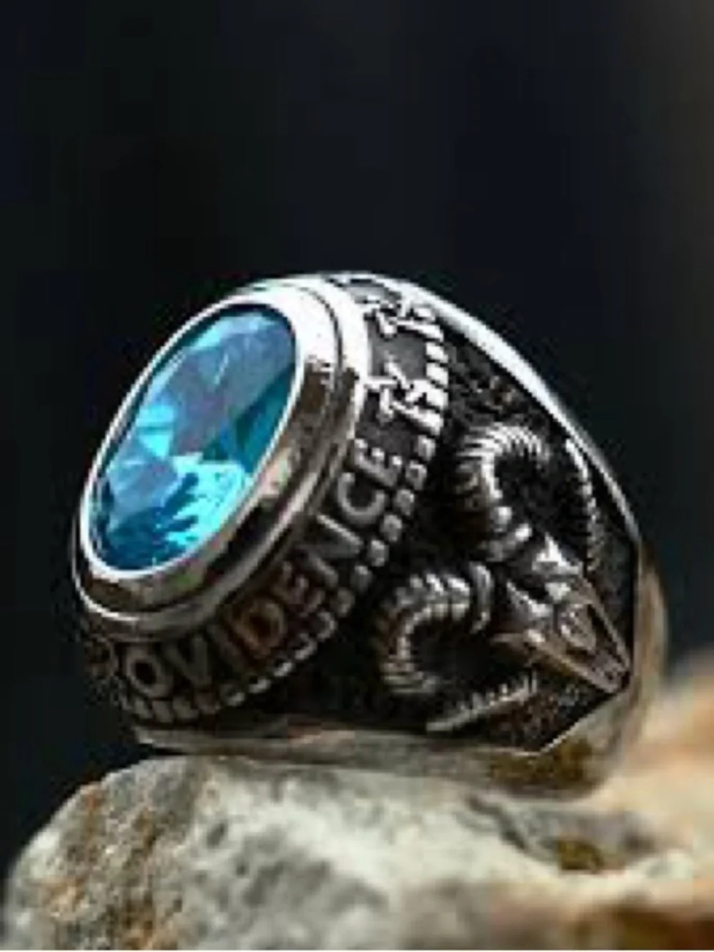 Men's Silver-Tone Ring with Bright Blue Gem and Ram Accent